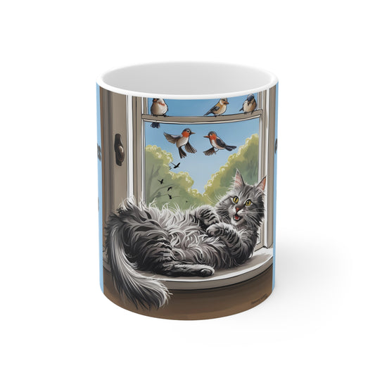 Cat and Birds-Ceramic Coffee Cups, 11oz